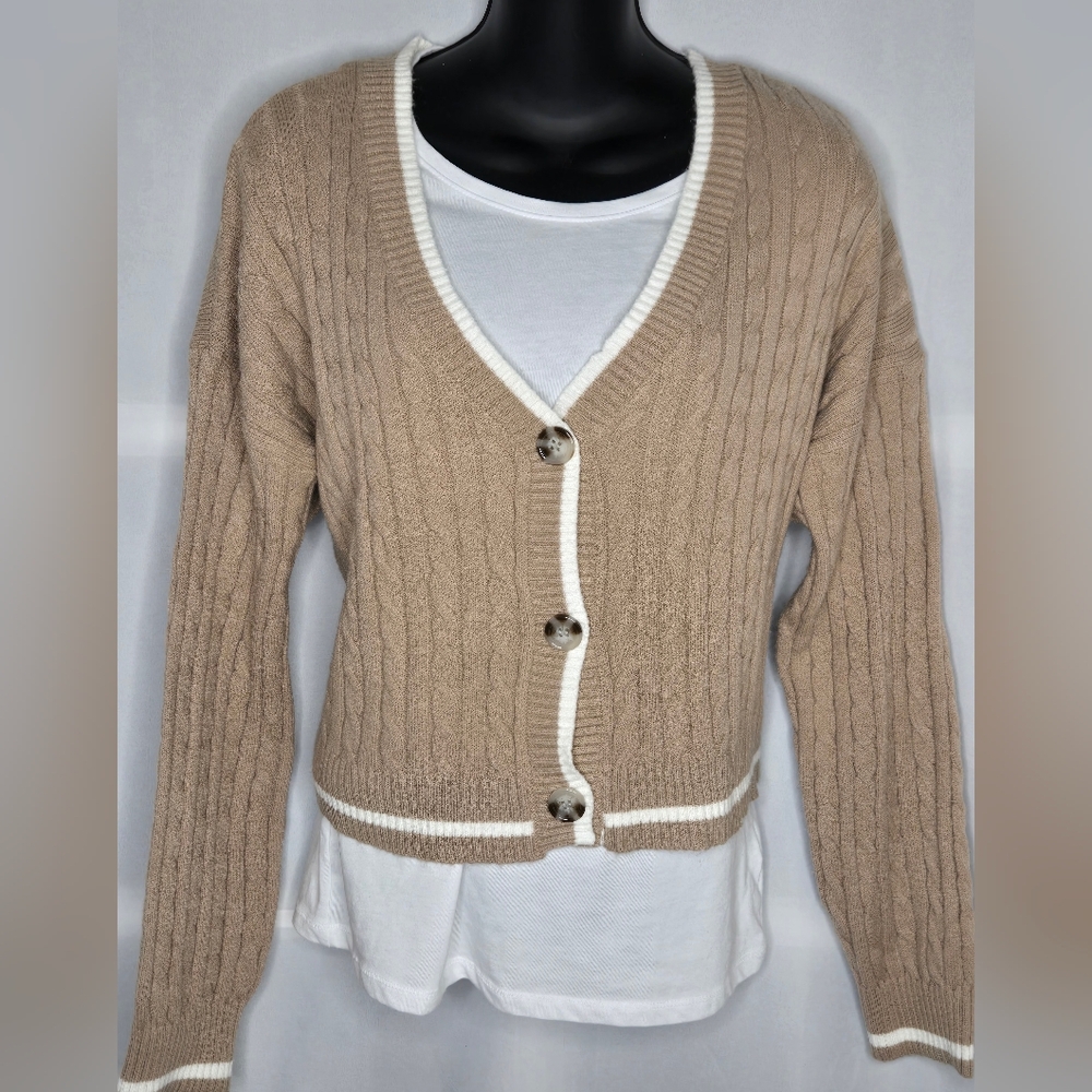 Love Tree Tan Cable Knit Cropped Cardigan - Size Medium - Contrast Trim